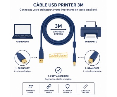Câble Imprimante USB 2.0 3M Type A vers B