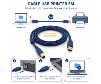 Câble USB Imprimante 5M USB 2.0 Type A/B Bleu