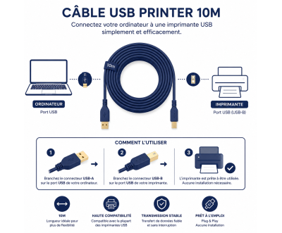 Câble Imprimante USB 2.0 10M Type A vers B