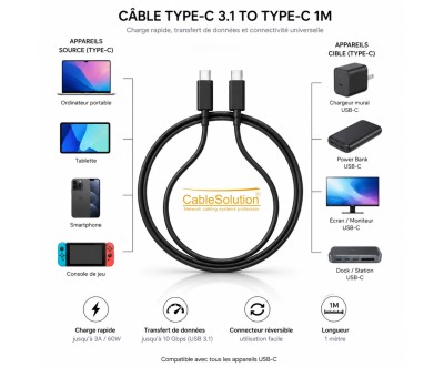 Câble USB-C vers USB-C 1M 60W PD - CableSolution