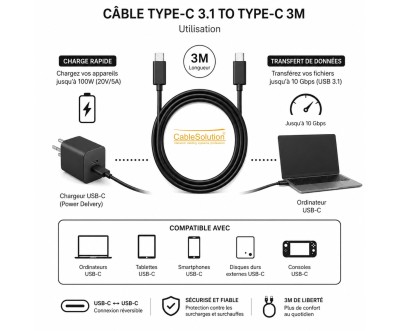 Câble USB-C vers USB-C 3M 60W Noir - CableSolution