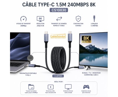 USB-C Cable 1.5m 8K 240W 40Gbps – CableSolution