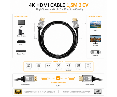 كابل HDMI 2.0 عالي السرعة 4K بطول 1.5 متر