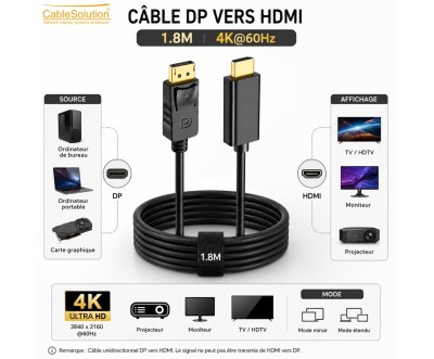 Câble DP vers HDMI 1.8M 4K – CABLE SOLUTION