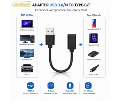 Adaptateur USB 3.0 vers Type-C Femelle CABLESOLUTION