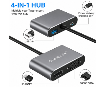 Hub USB Type-C 4 en 1 HDMI VGA USB DP CableSolution