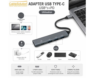 محول USB Type-C مع 3 منافذ USB وPD SX-37