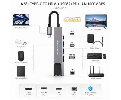 Hub Type-C 5-en-1 HD USB PD Gigabit Ethernet CS10017