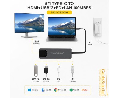 Hub Type-C 5-en-1 HD 2 USB PD LAN CS10018
