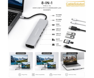 موزع Type-C ‏8 في 1 مع HD وLAN وSD/TF موديل CS10020