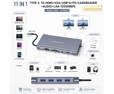 موزع Type-C ‏11 في 1 CS10023 مع HD وVGA وجيجابت