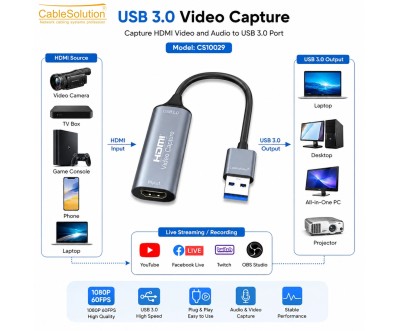 USB 3.0 Video Capture 4K 30Hz U3 CableSolution CS10029
