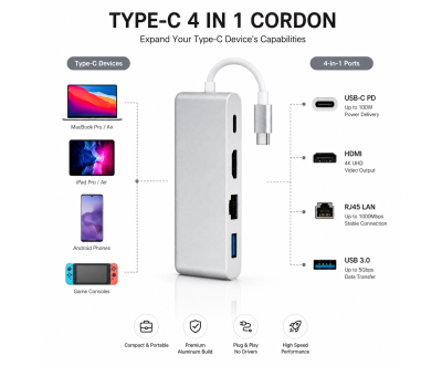 Adaptateur USB-C vers HDTV 4K LAN USB 3.0 4-en-1