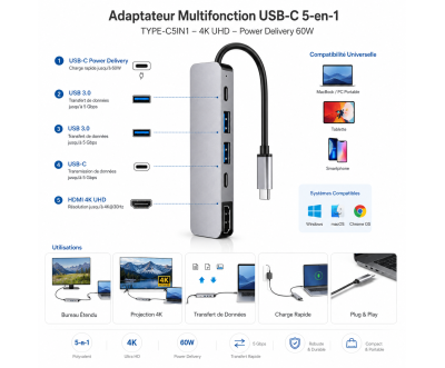 Adaptateur USB-C vers HDMI 5-en-1 4K PD 60W