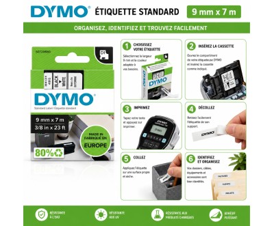 شريط DYMO D1 قياسي 9 مم × 7 م أسود على أبيض
