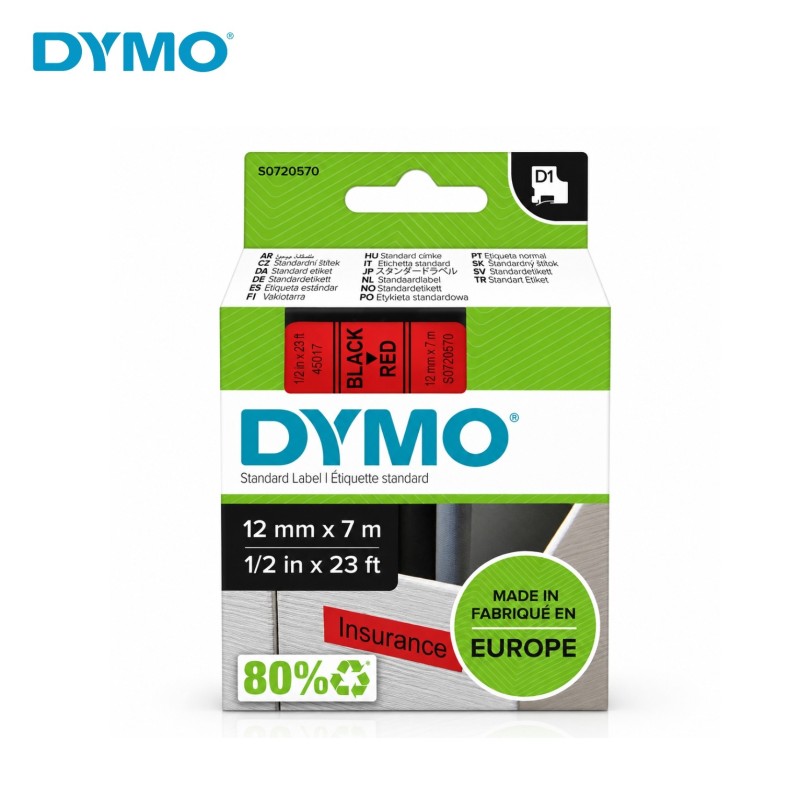 شريط ملصقات DYMO قياسي 12 مم × 7 م أسود على أحمر