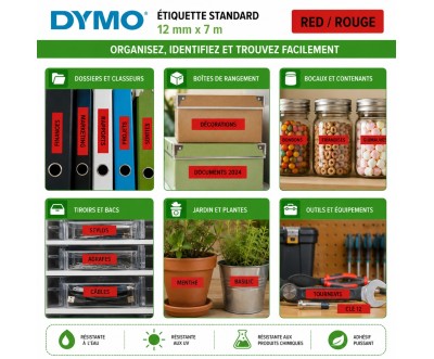 شريط ملصقات DYMO قياسي 12 مم × 7 م أسود على أحمر