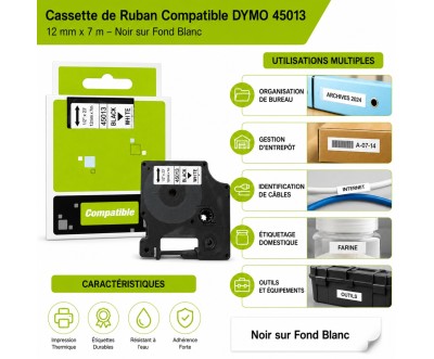 شريط ملصقات متوافق DYMO مقاس 12 مم × 7 م أسود على أبيض