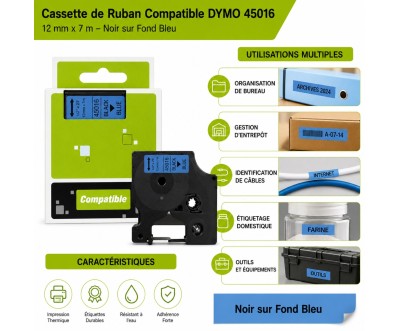 شريط ملصقات متوافق DYMO مقاس 12 مم × 7 م أسود على أزرق
