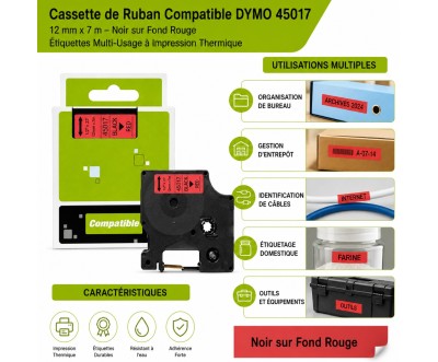 شريط ملصقات متوافق DYMO 45017 مقاس 12 مم × 7 م أسود على أحمر