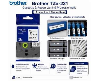 Brother TZe-221 شريط طباعة مغلف 9 مم أسود على أبيض 8 م