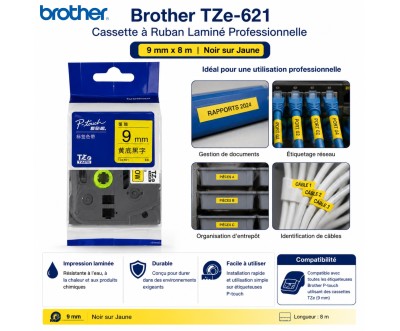 Brother TZe-621 شريط طباعة مغلف 9 مم أسود على أصفر 8 م