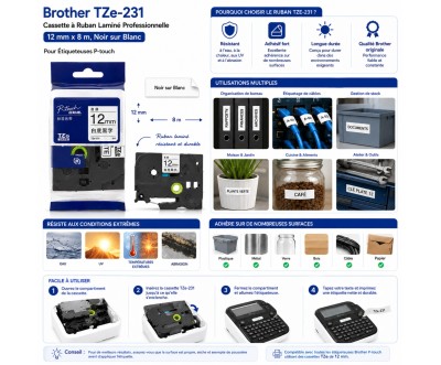 Brother TZe-231 شريط مغلف 12 مم × 8 م أسود على أبيض