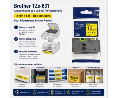 Brother TZe-631 شريط مغلف 12 مم × 8 م أسود على أصفر
