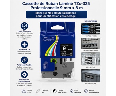 شريط ملصقات مغلف TZc-325 ‎9 مم × 8 م أبيض على أسود