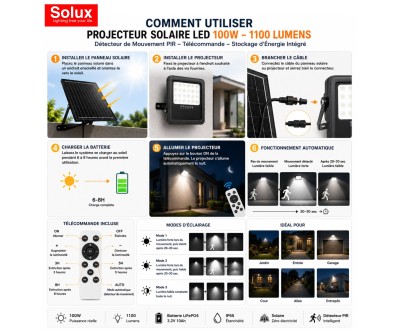Projecteur Solaire LED 100W 1100 Lumens avec Détecteur PIR