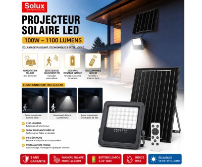 Projecteur Solaire LED 100W 1100 Lumens avec Détecteur PIR
