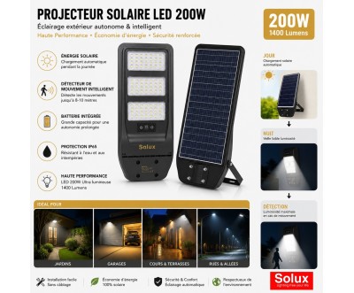 Projecteur Solaire LED 200W avec Détecteur de Mouvement