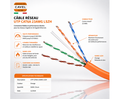 Câble LAN Cat6A U/UTP LSZH 10G CAVEL
