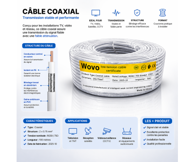 Câble coaxial RG59 75Ω Wovo 100Y basse tension